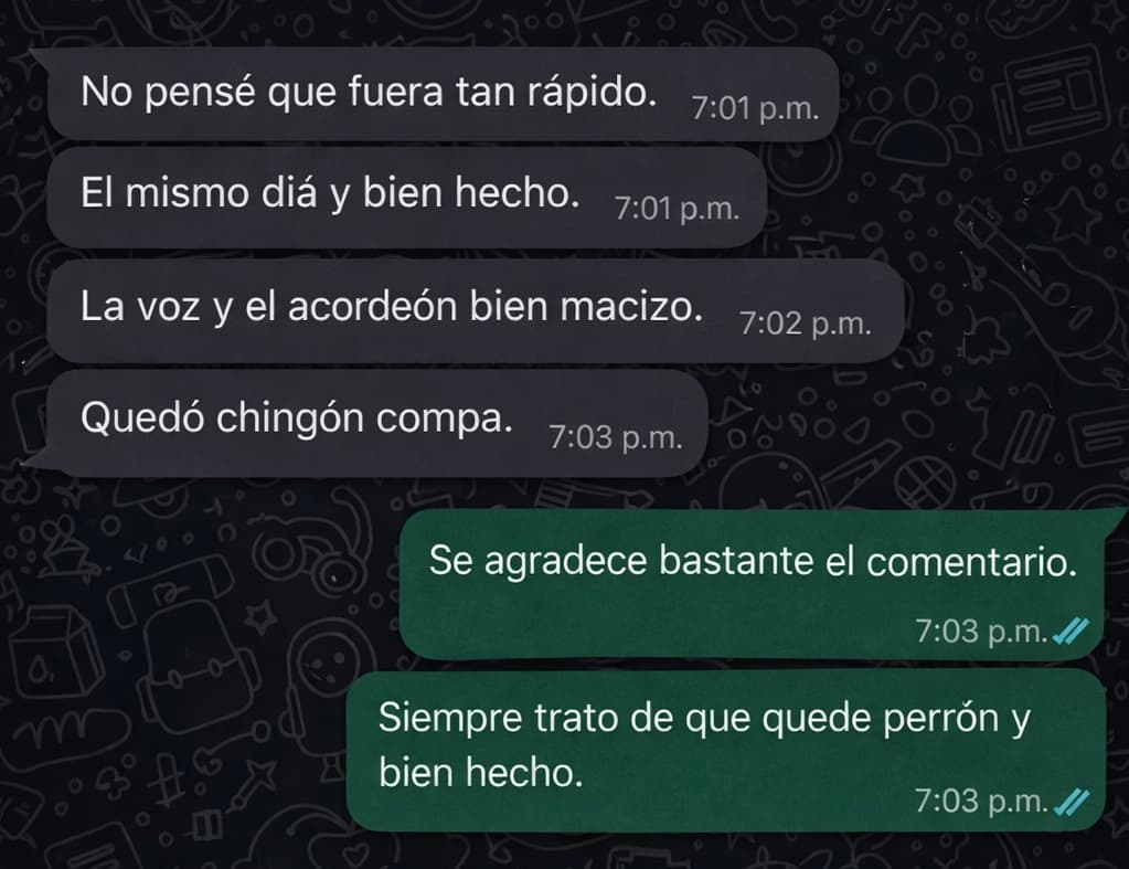 Conversacion de WhatsApp con cliente satisfecho - testimonio 3