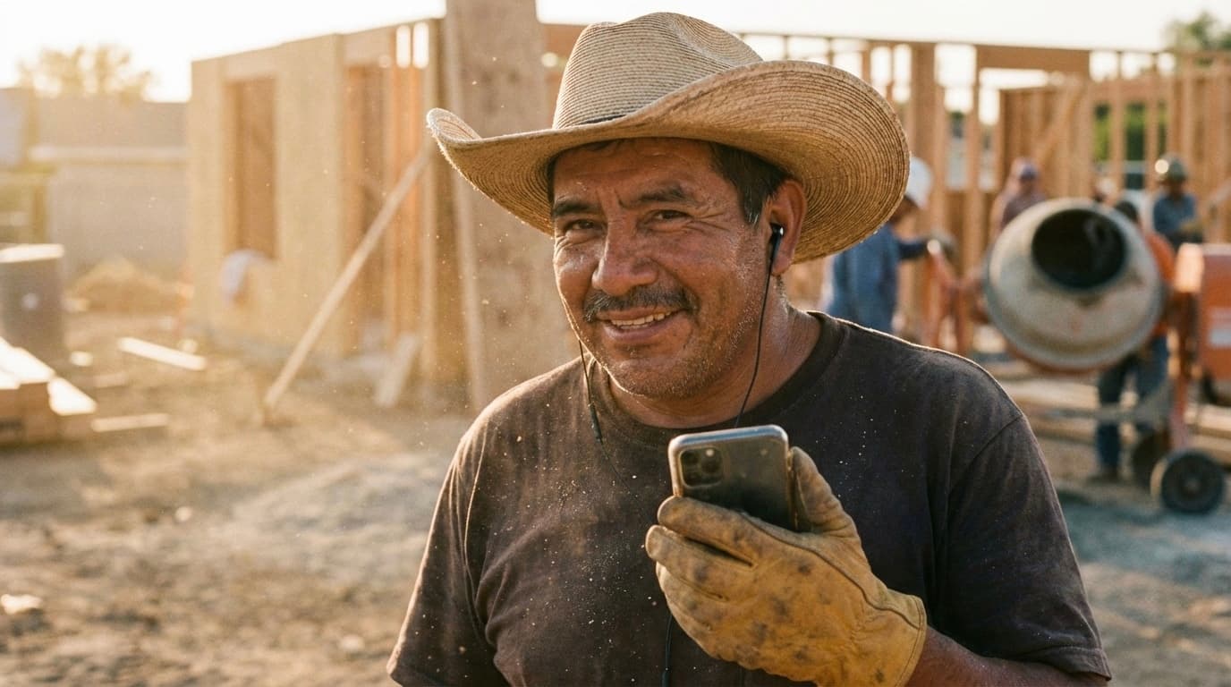 Trabajador escuchando su corrido en la obra