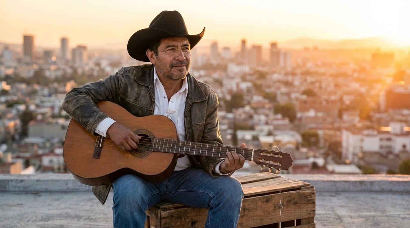 Musico con guitarra al atardecer