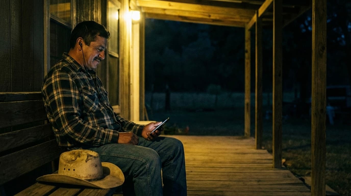 Hombre escuchando musica en el porche de su casa